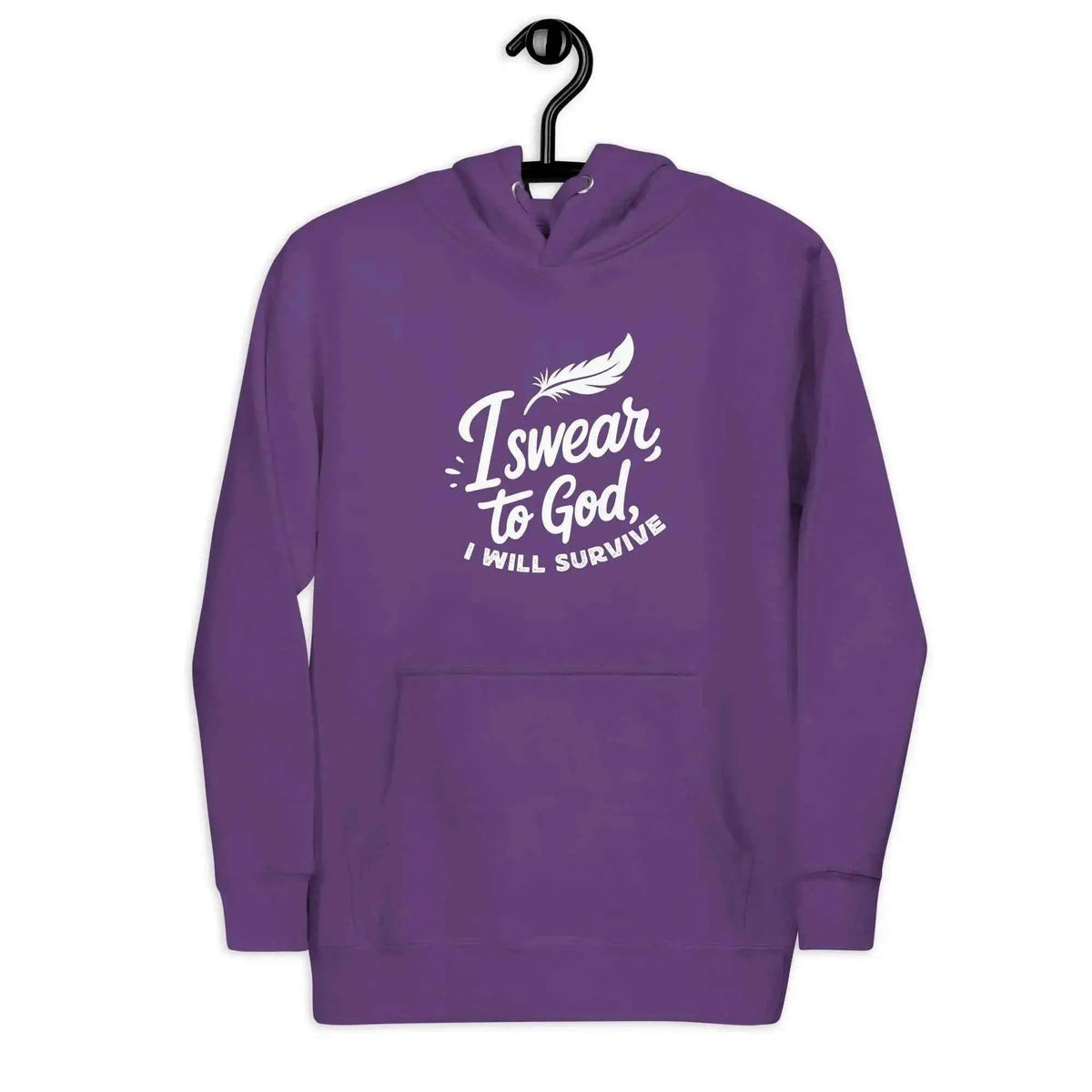 Unisex pullover hoodie in purple with front hood and white chest graphic text