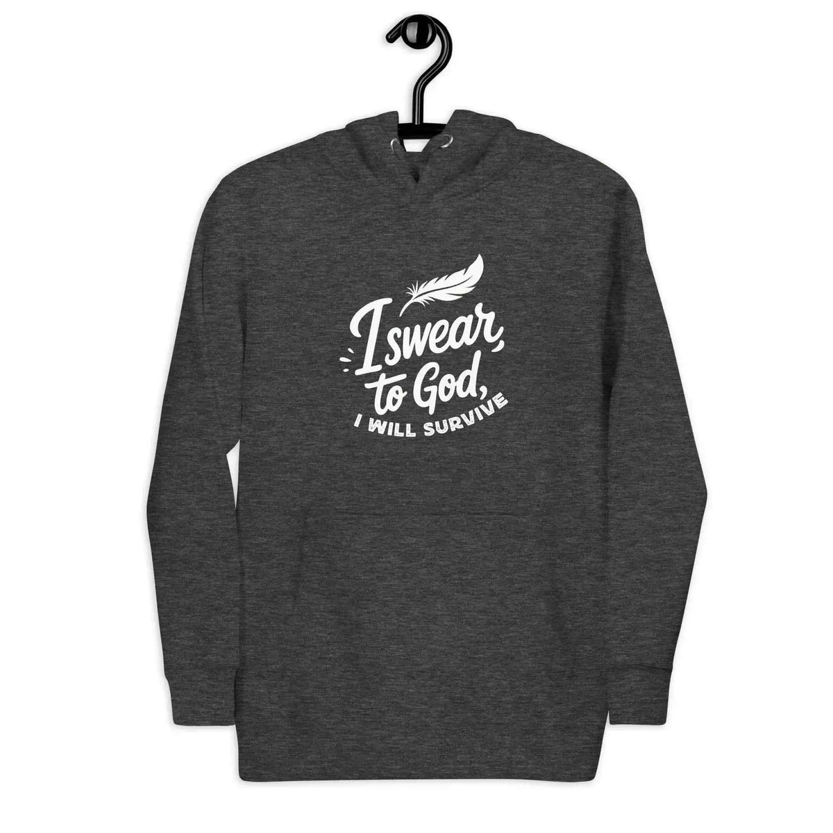 Charcoal unisex pullover hoodie with white front slogan graphic on chest