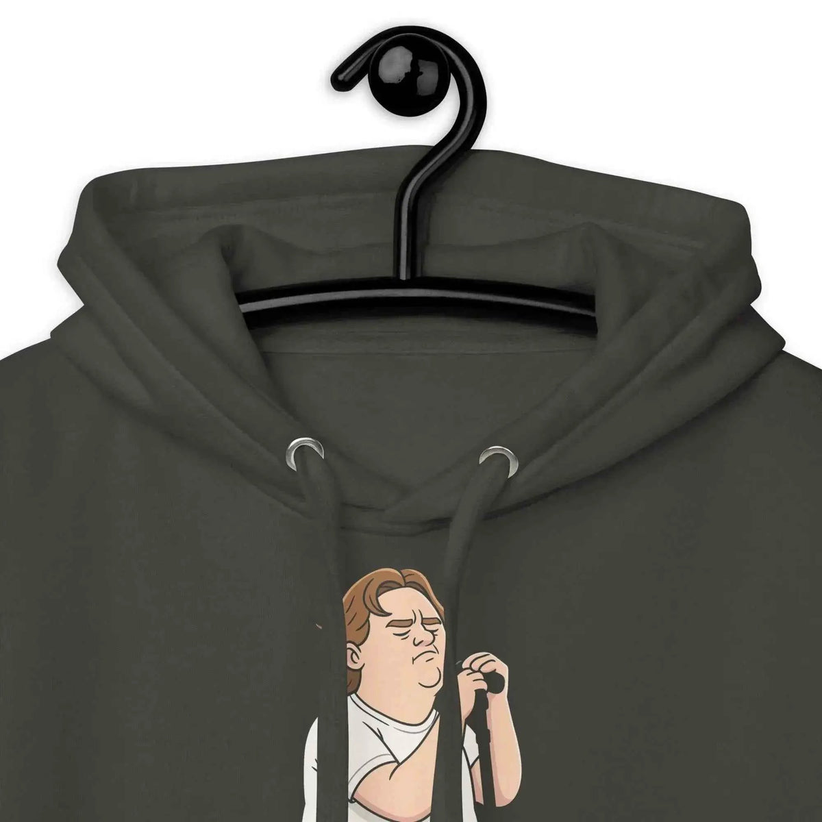 Charcoal hoodie close-up with drawstring hood and printed portrait graphic