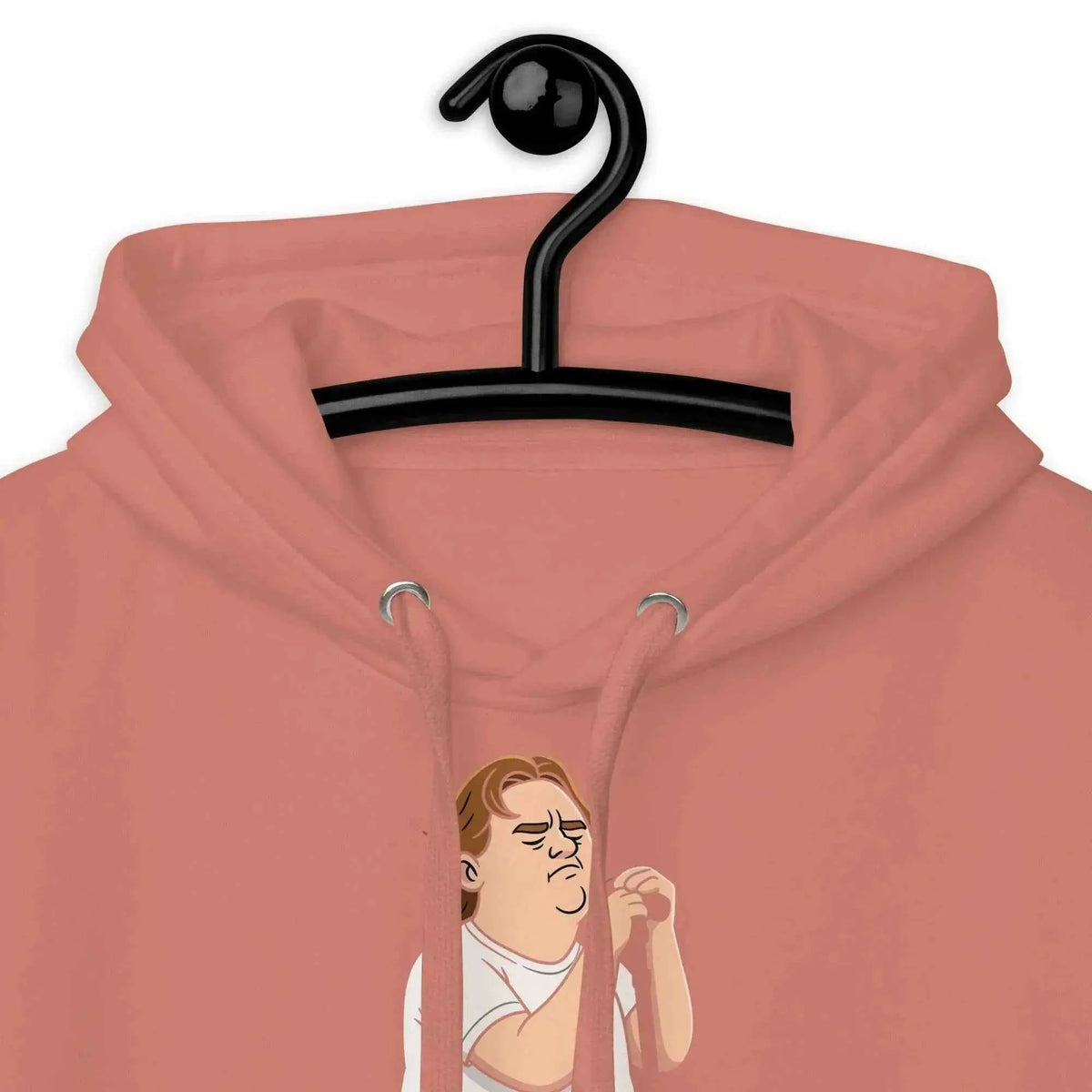 Dusty rose hoodie close-up: drawstring hood and small chest graphic on front.
