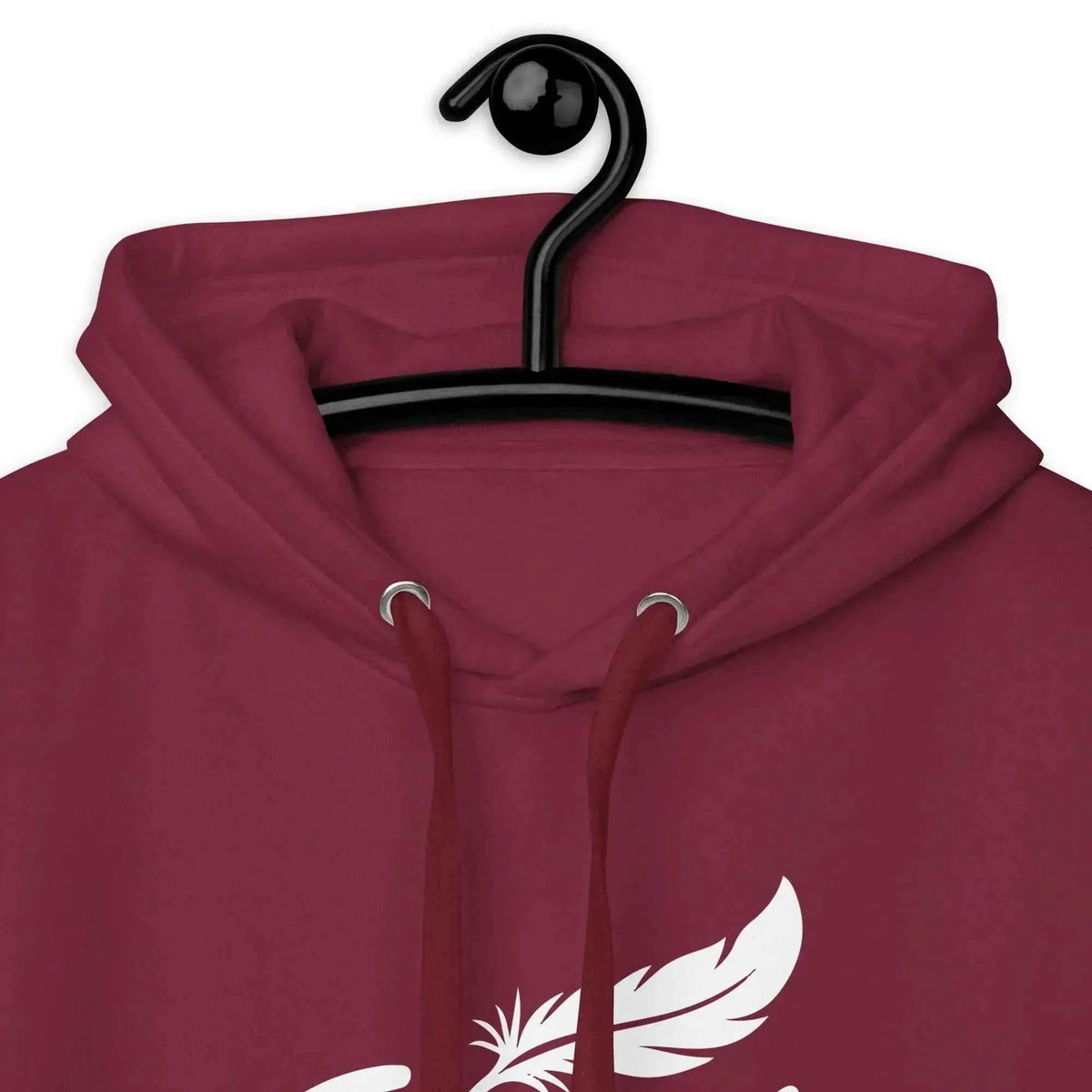 Burgundy hoodie close-up showing drawstrings and white feather wing graphic
