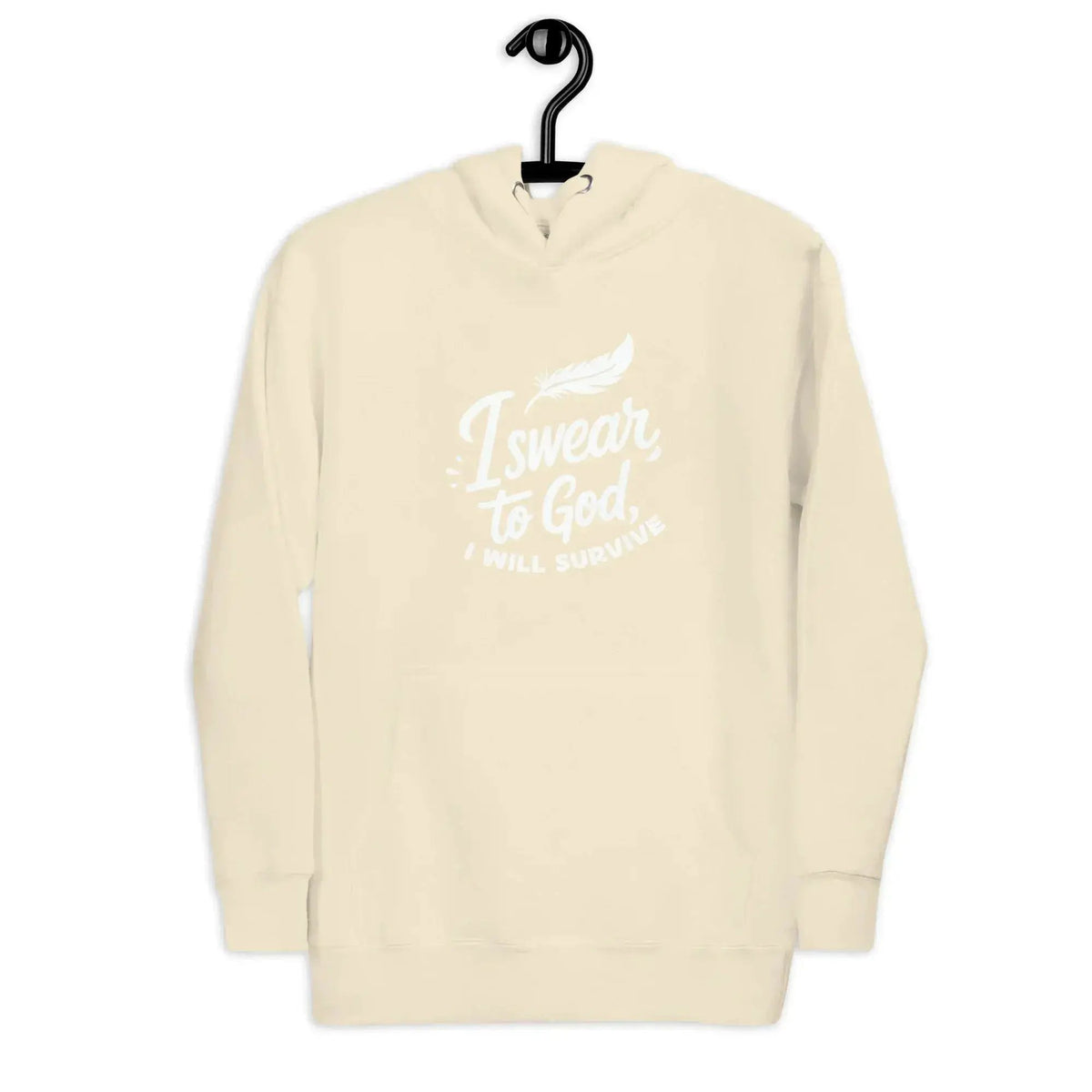 Unisex pullover hoodie in cream/beige with white chest graphic and kangaroo pocket
