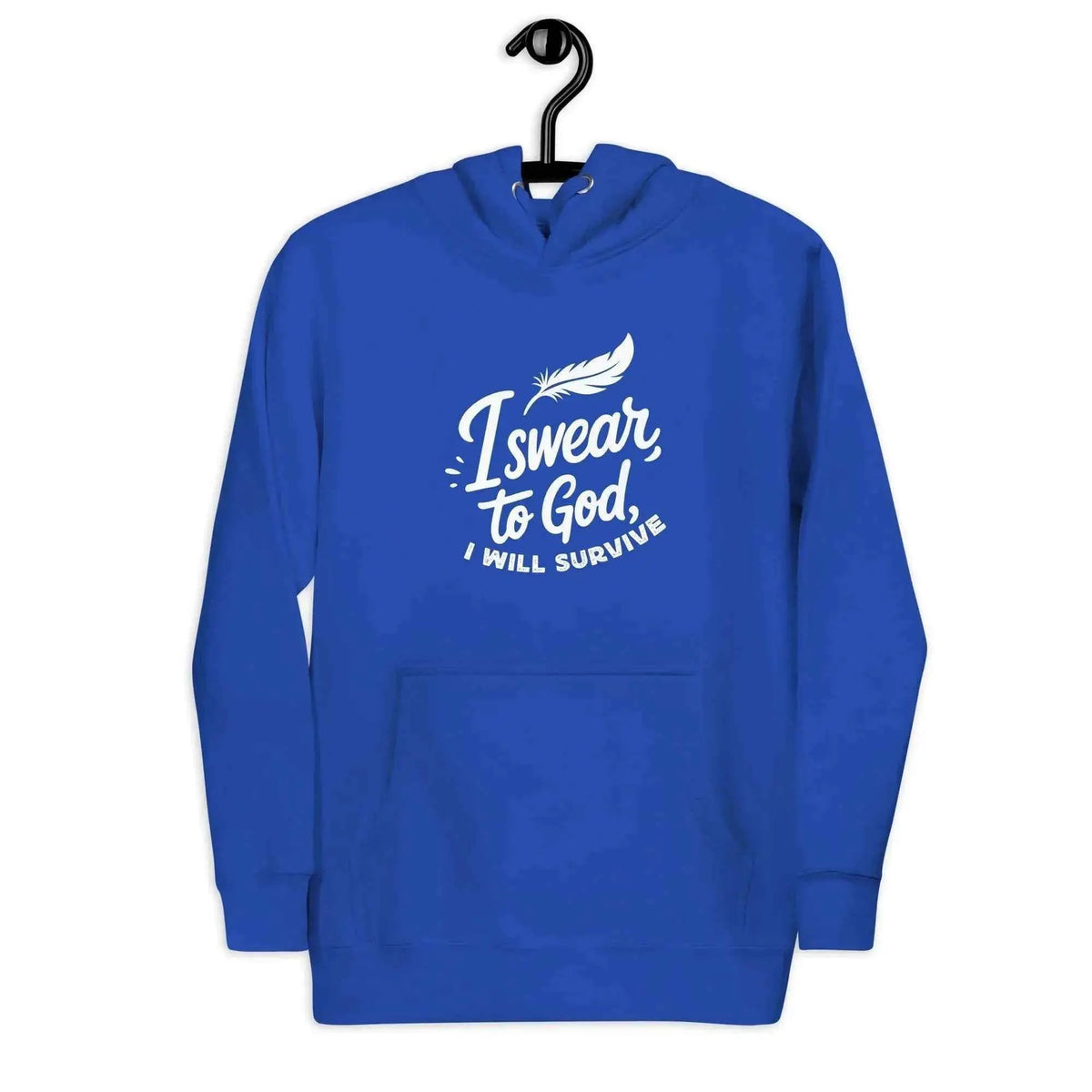 Unisex pullover hoodie in royal blue with front hood and white chest graphic text