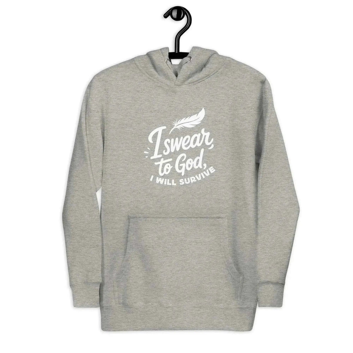 Heather gray unisex pullover hoodie with white front slogan and hood pocket