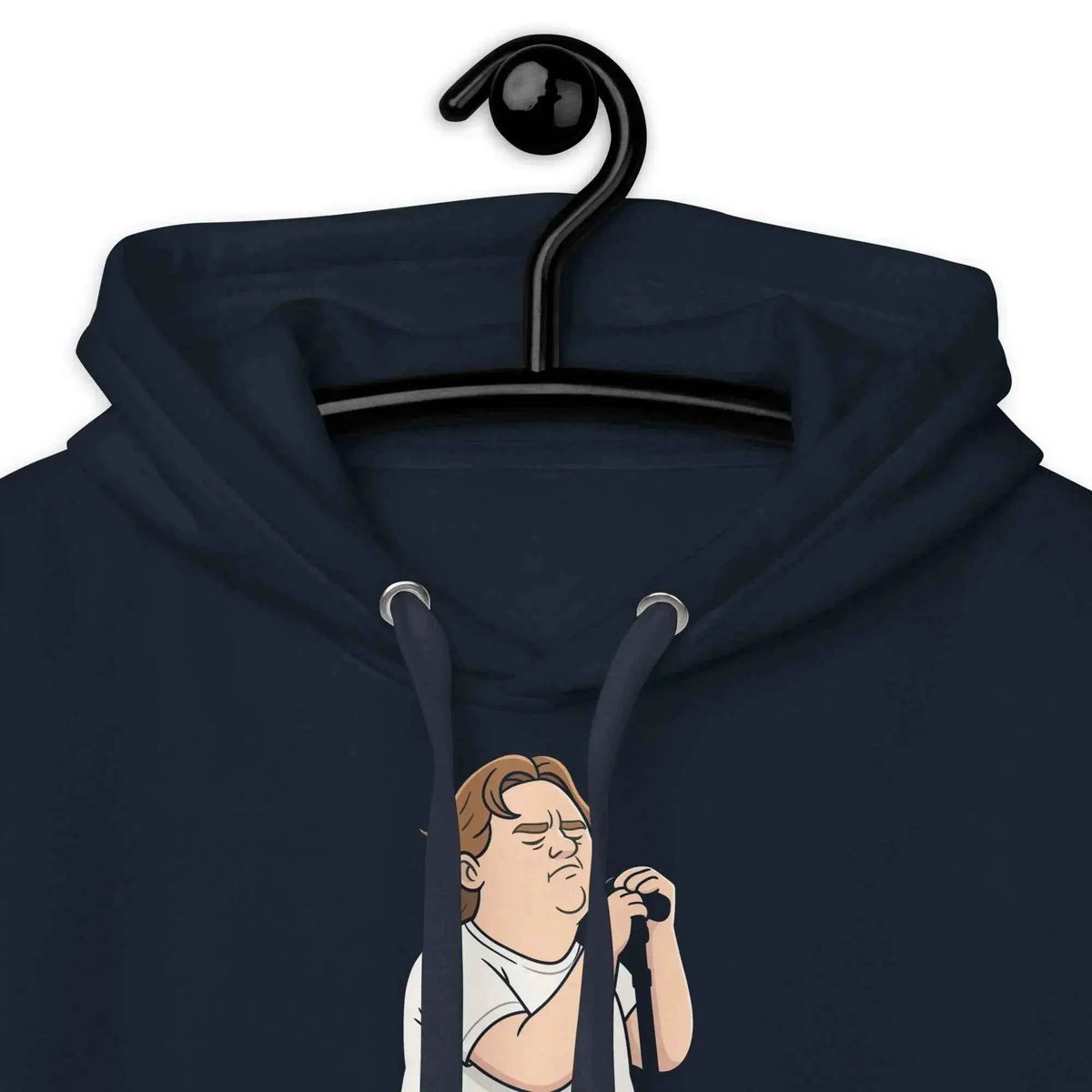 Navy hoodie close-up: drawstring hood and kangaroo pocket; chest lyrics illustration