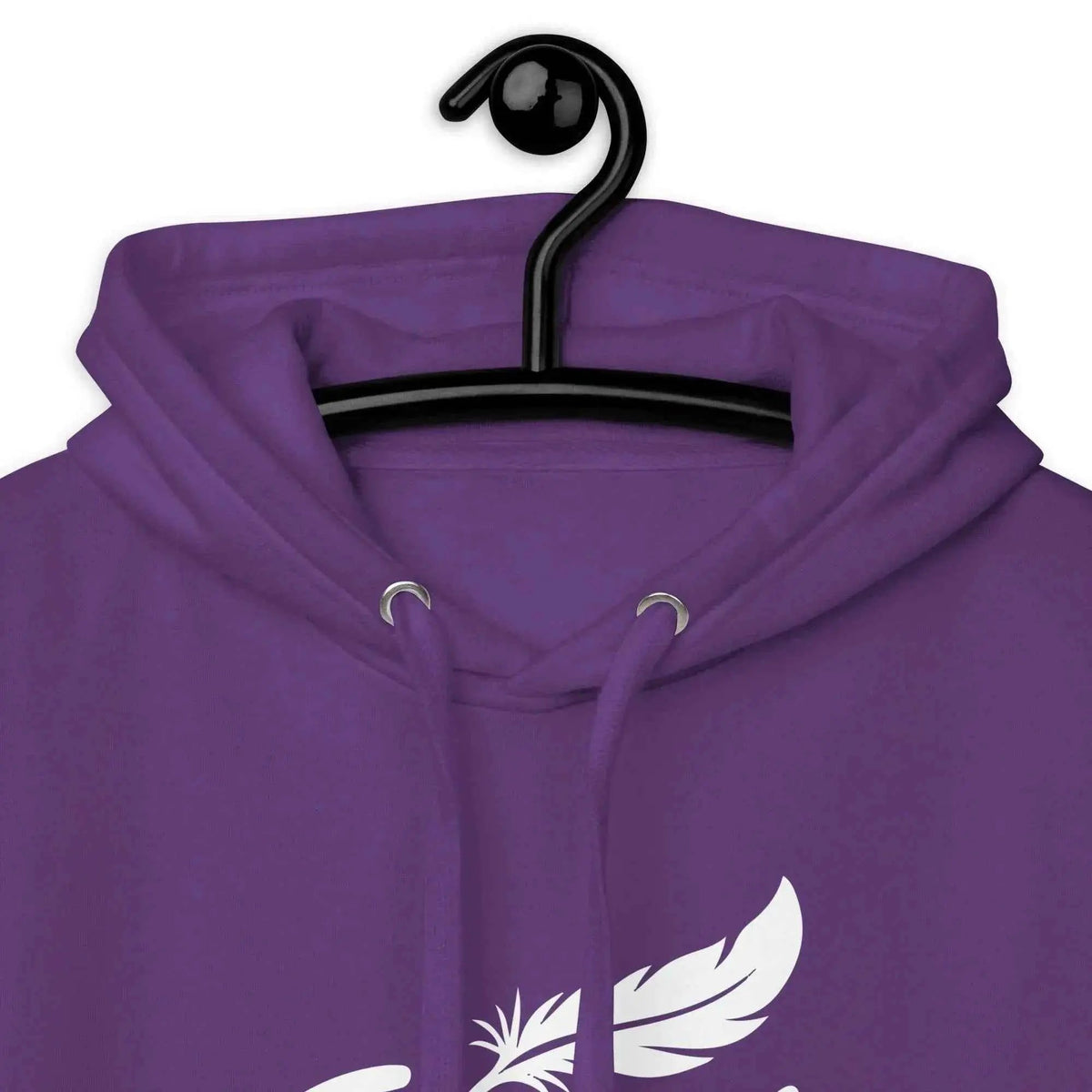 Purple hoodie close-up on drawstring hood and white chest logo graphic