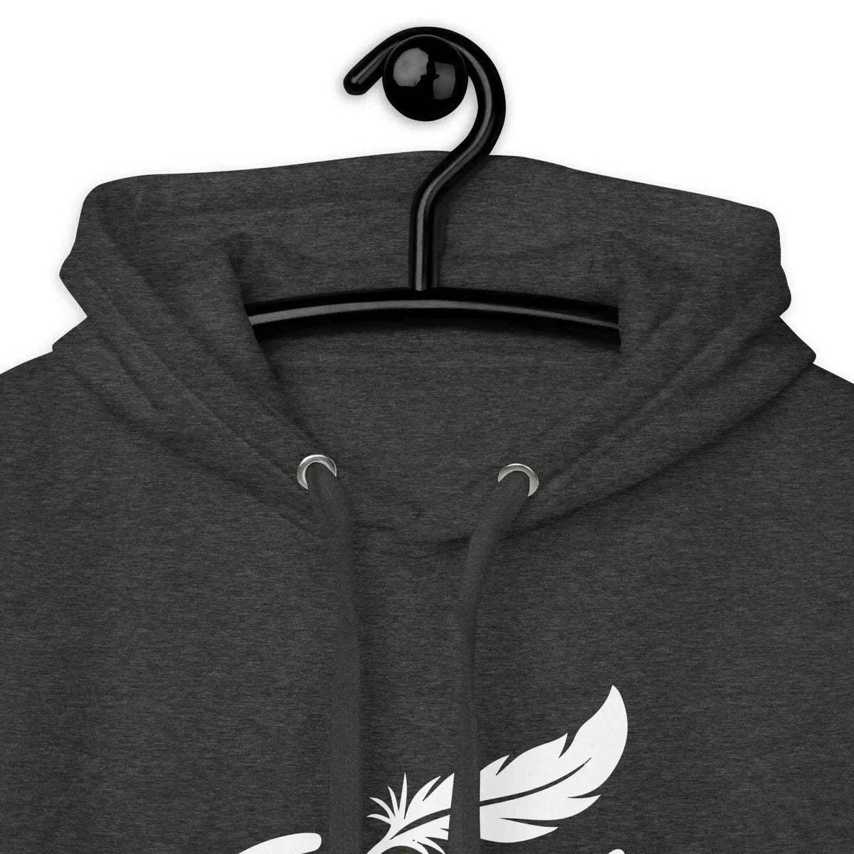 Charcoal hoodie close-up with hood drawstrings and large white feather graphic