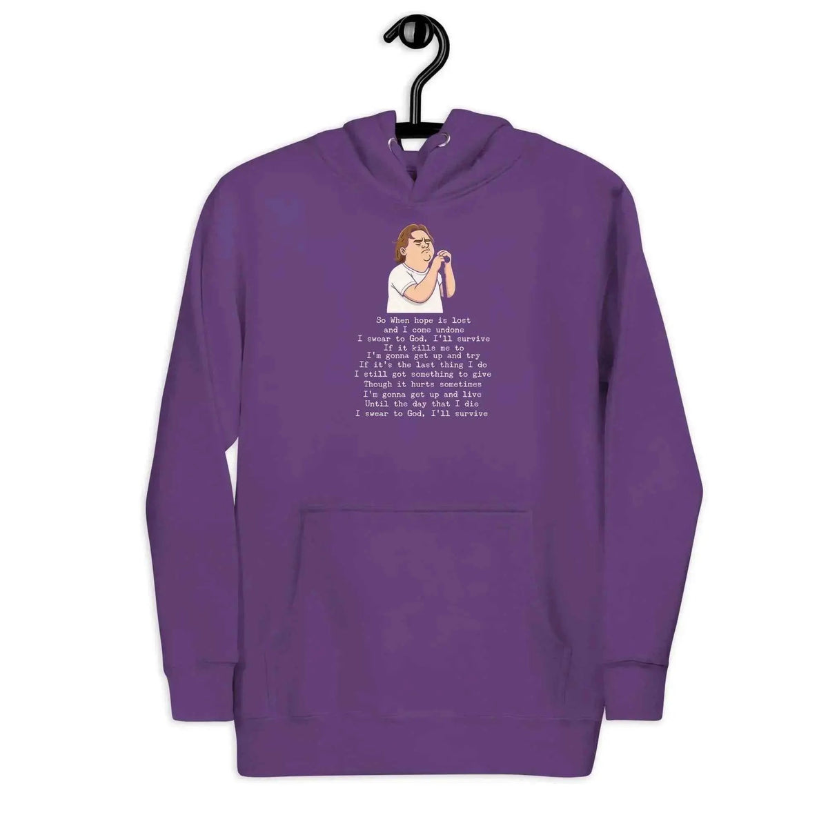 Purple unisex hoodie with chest lyric graphic, kangaroo pocket, and drawstring hood.