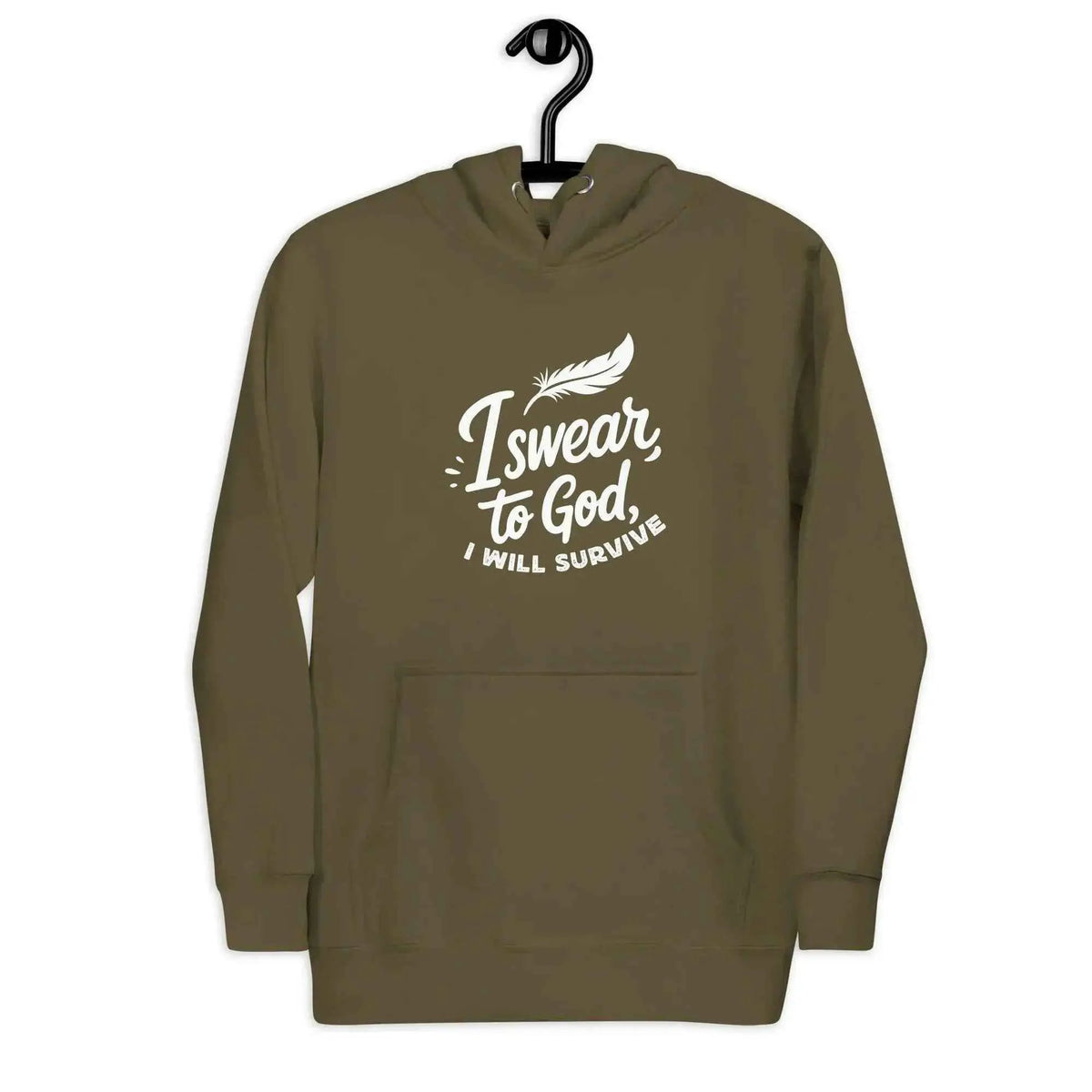 Unisex pullover hoodie in olive with front hood and white chest graphic text