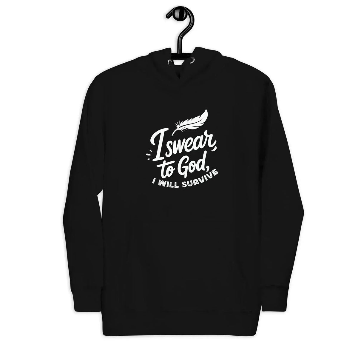Black unisex pullover hoodie with front graphic text and hood pocket detail