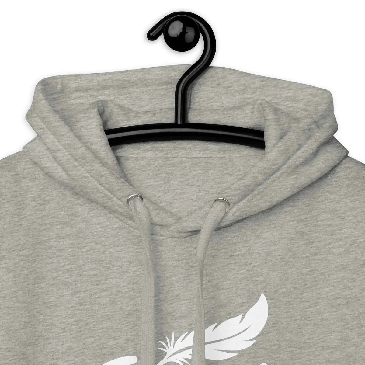 Heather gray hoodie close-up showing drawstrings and white feather wing graphic