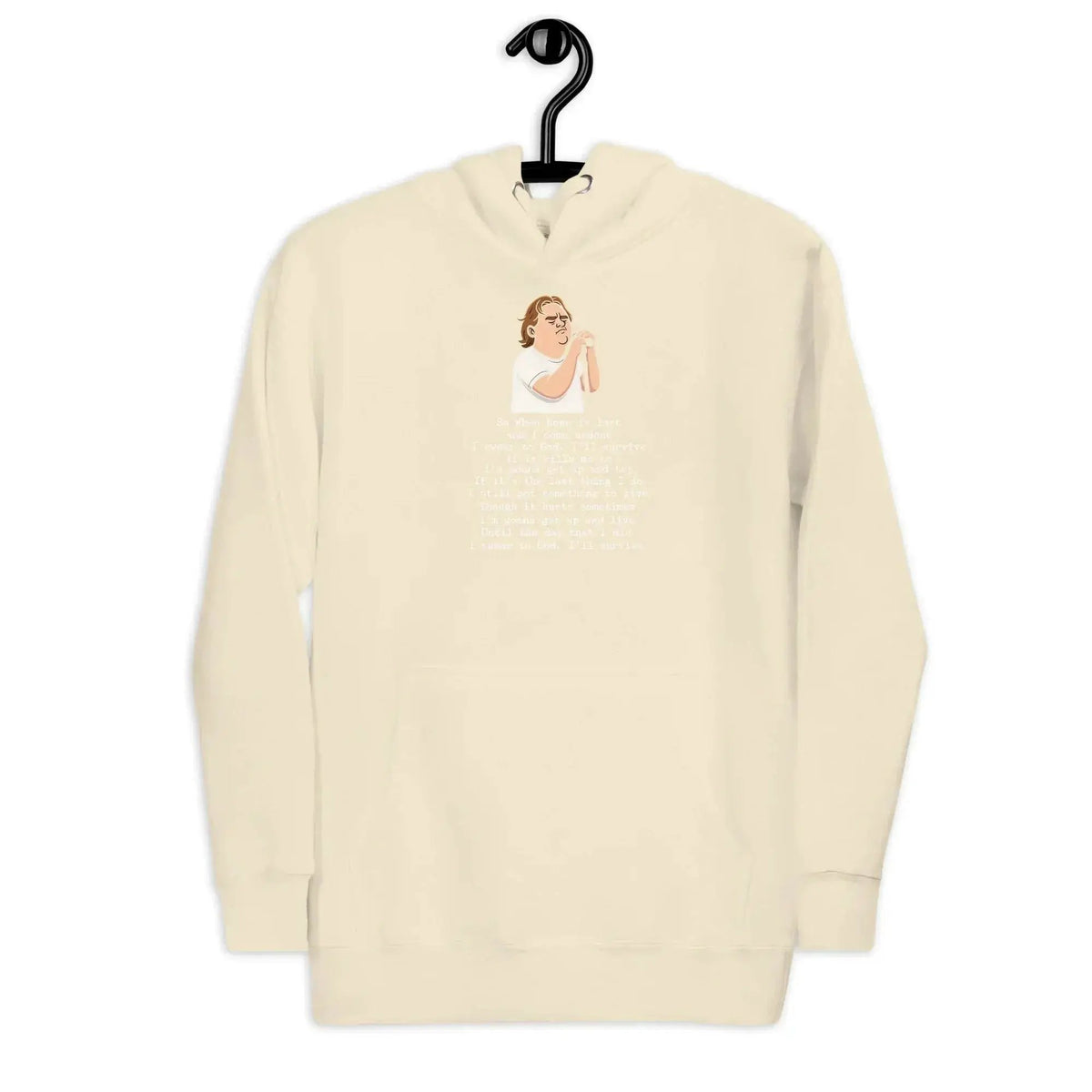 Cream pullover hoodie with kangaroo pocket, drawstring hood, and printed lyric graphic