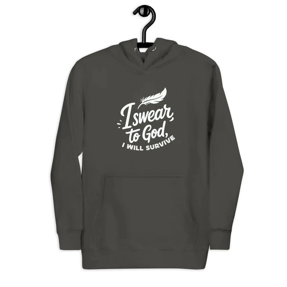 Unisex pullover hoodie in charcoal gray with white chest graphic and kangaroo pocket