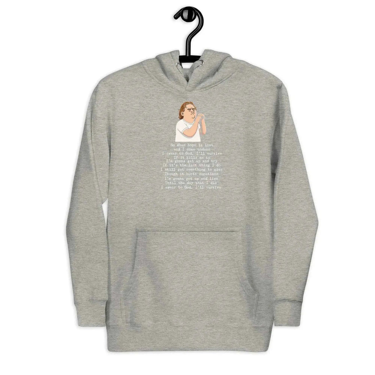 Heather gray unisex hoodie with hood and front pocket; lyrics illustration on chest