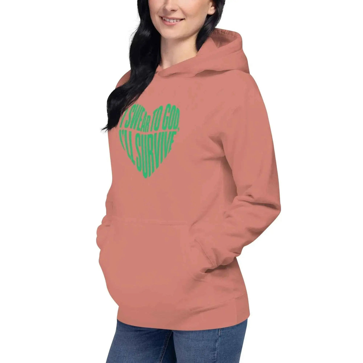 Unisex pullover hoodie, dusty rose with green heart logo graphic on left chest