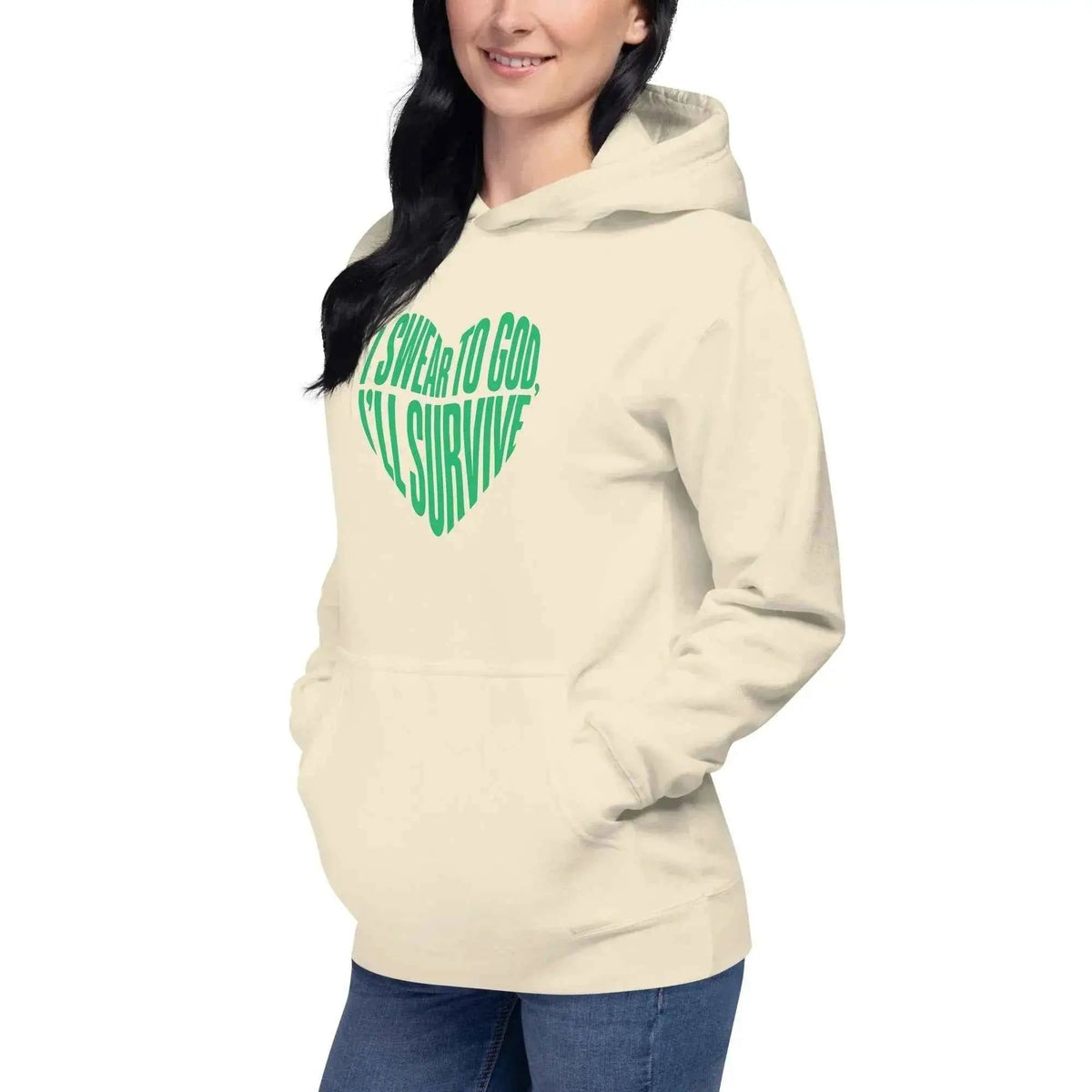 Cream unisex pullover hoodie with hood, kangaroo pocket, and green heart graphic on front