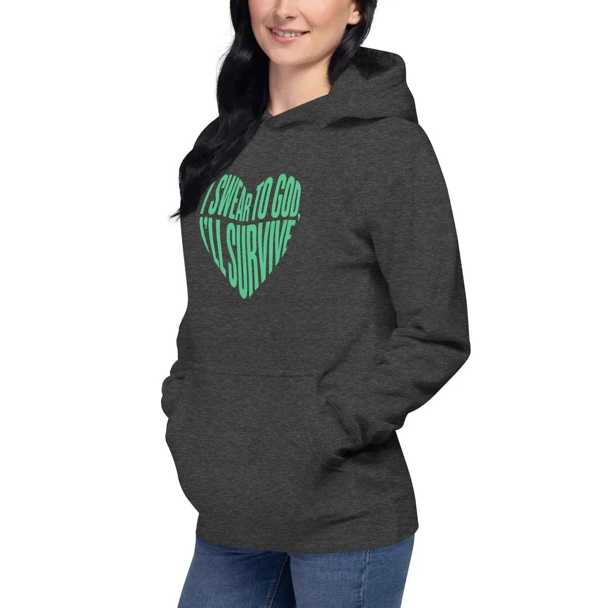 Unisex pullover hoodie, dark gray with green heart graphic and kangaroo pocket