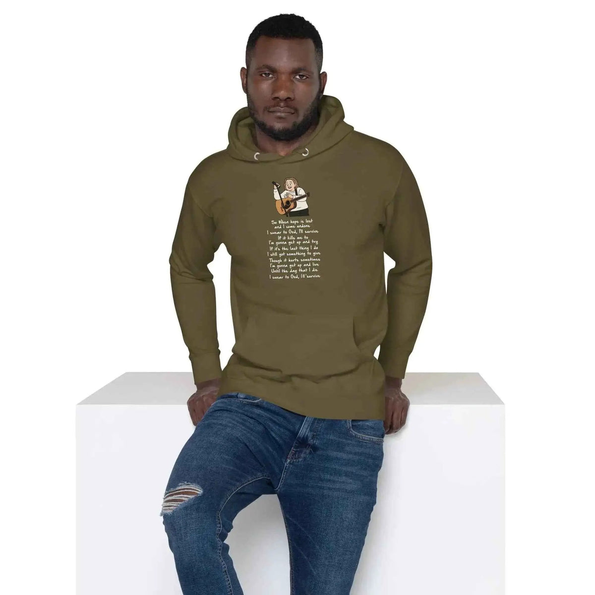 Olive green unisex pullover hoodie with front graphic print, hood, and kangaroo pocket.