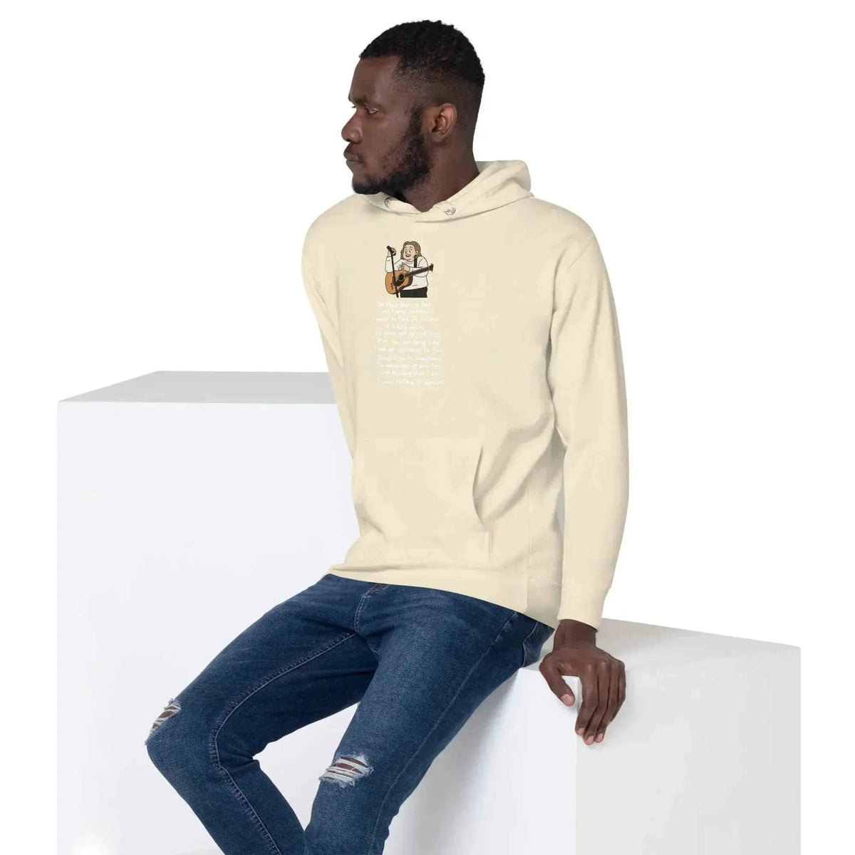 Unisex pullover hoodie in light cream with hood and front graphic print