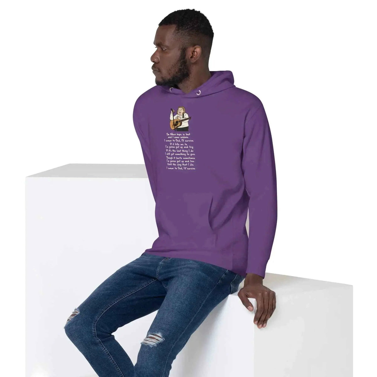 Purple unisex pullover hoodie, side view showing front graphic print and hood.