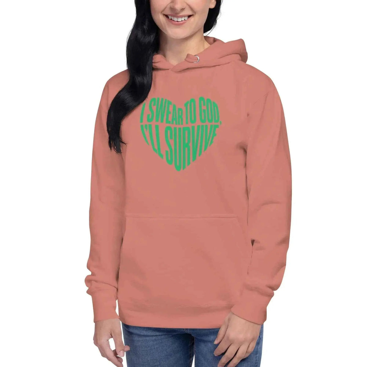 Unisex pullover hoodie, dusty rose with green heart graphic and front pouch pocket