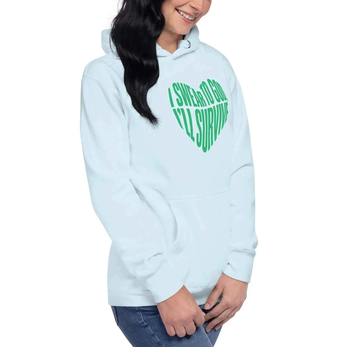Light blue unisex pullover hoodie with green heart-style text graphic and hood pouch