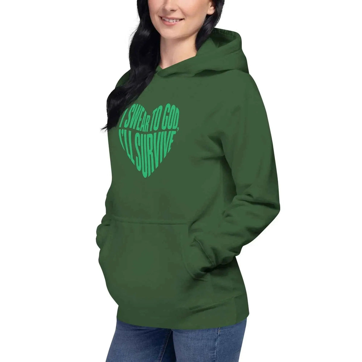 Dark green unisex pullover hoodie with green chest graphic, hood and pouch pocket
