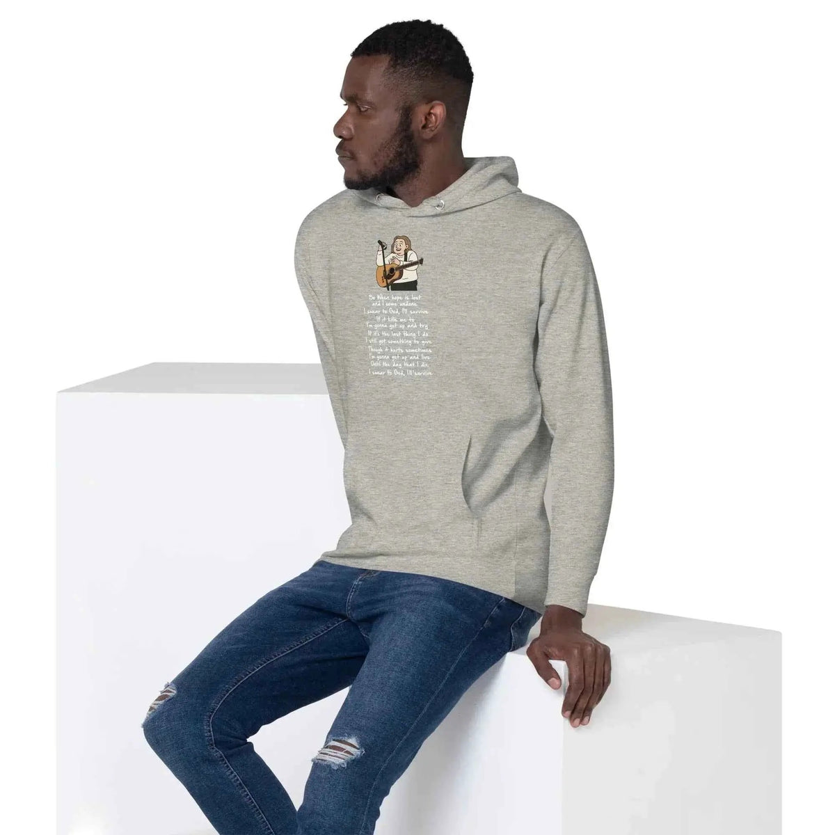 Light gray unisex pullover hoodie with hood, front lyrics graphic, kangaroo pocket