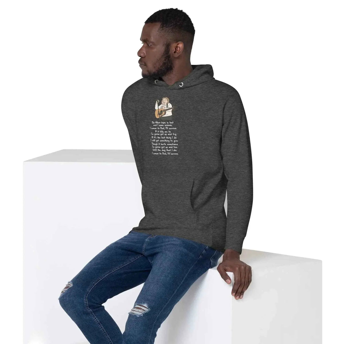 Charcoal gray unisex pullover hoodie, side view with hood and front lyrics graphic