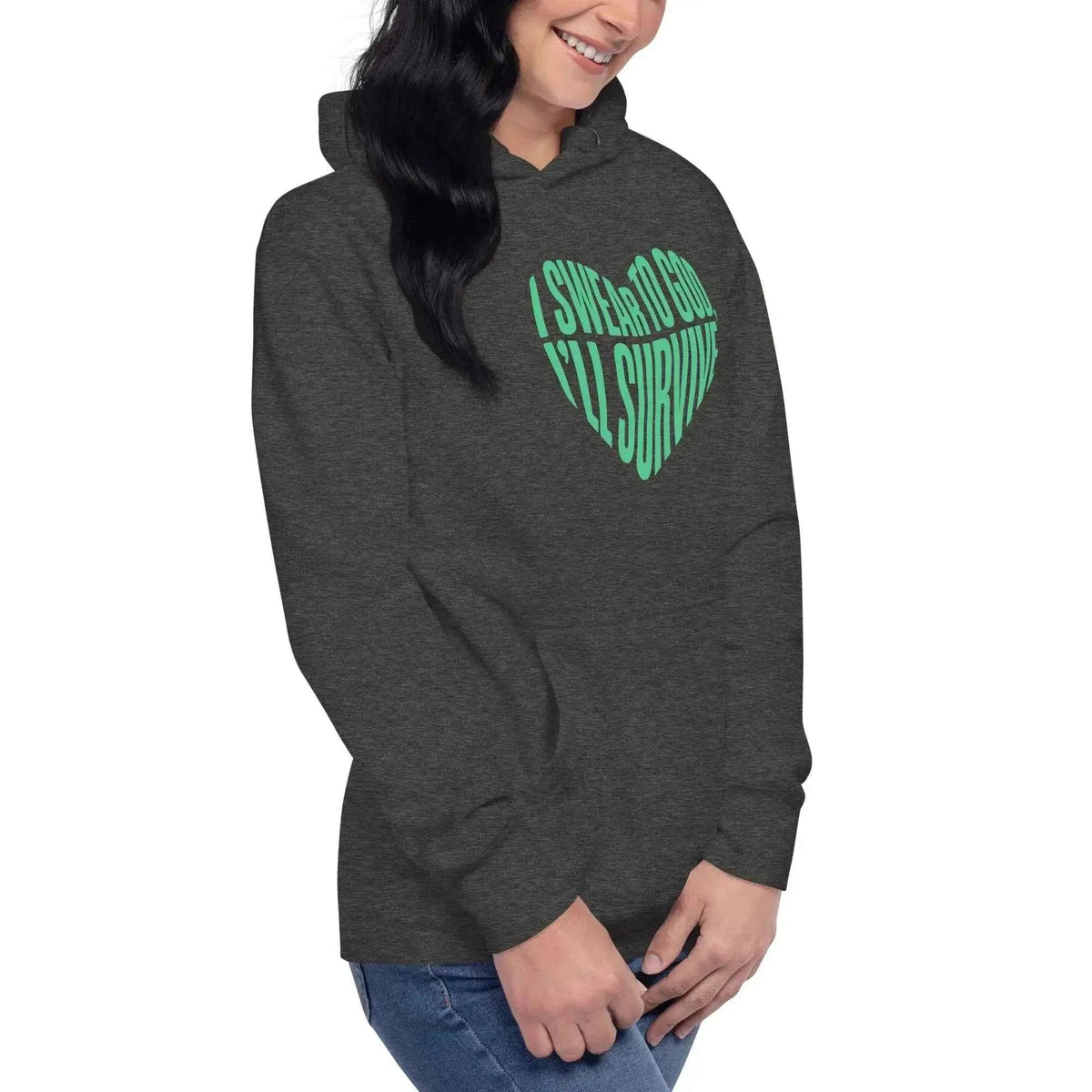 Unisex pullover hoodie, dark gray with green heart logo graphic on chest