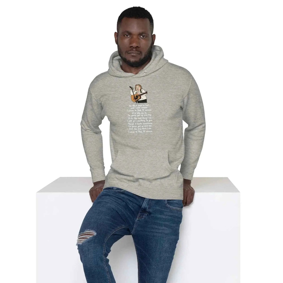Light gray unisex pullover hoodie with hood and front printed lyrics graphic
