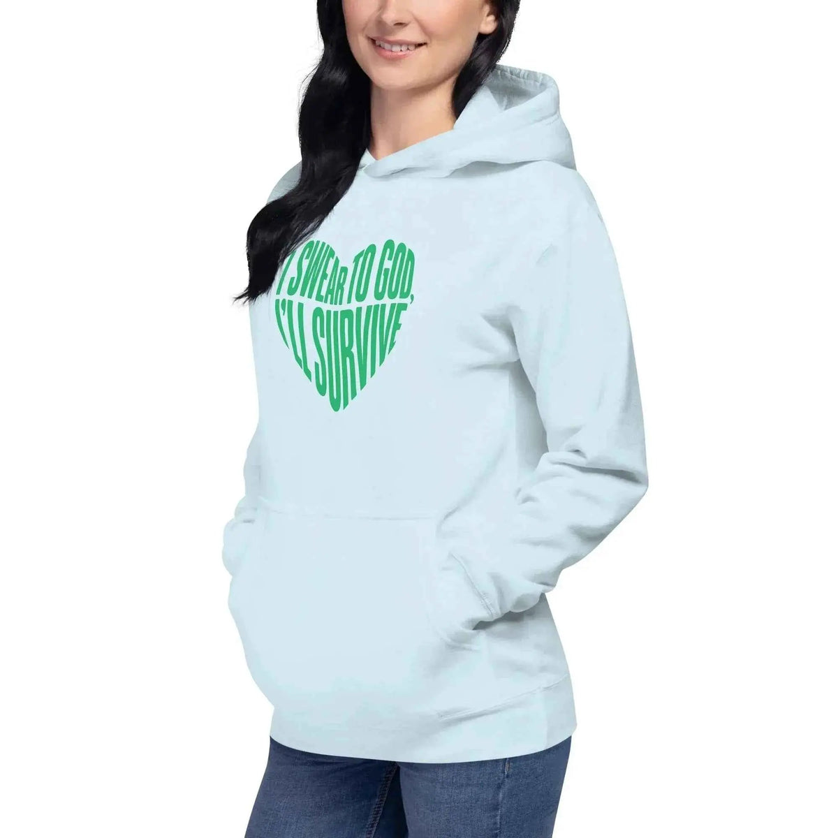 Light blue unisex pullover hoodie with green chest graphic and kangaroo pocket