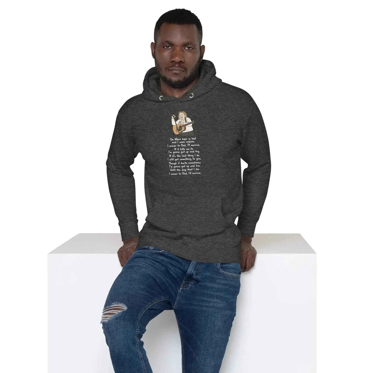 Charcoal gray unisex pullover hoodie with hood and front printed lyrics graphic