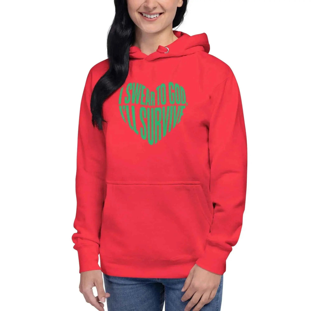 Red unisex pullover hoodie with green chest graphic and front pouch pocket