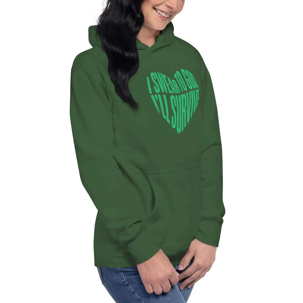 Dark green unisex pullover hoodie with green heart-style text graphic and front pouch
