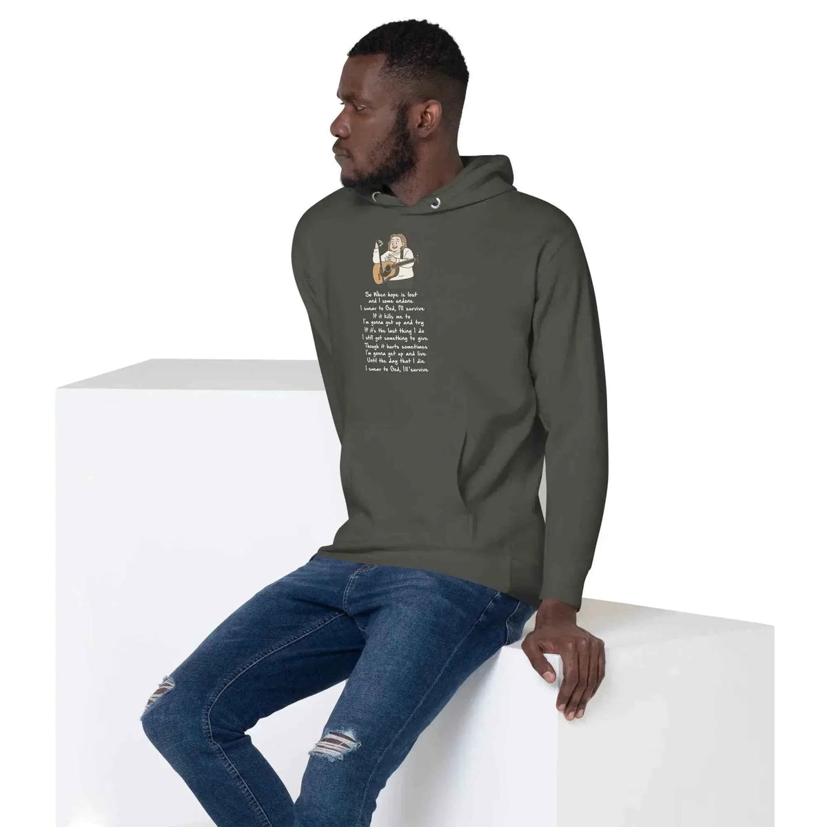 Unisex pullover hoodie in dark gray with hood and front graphic print