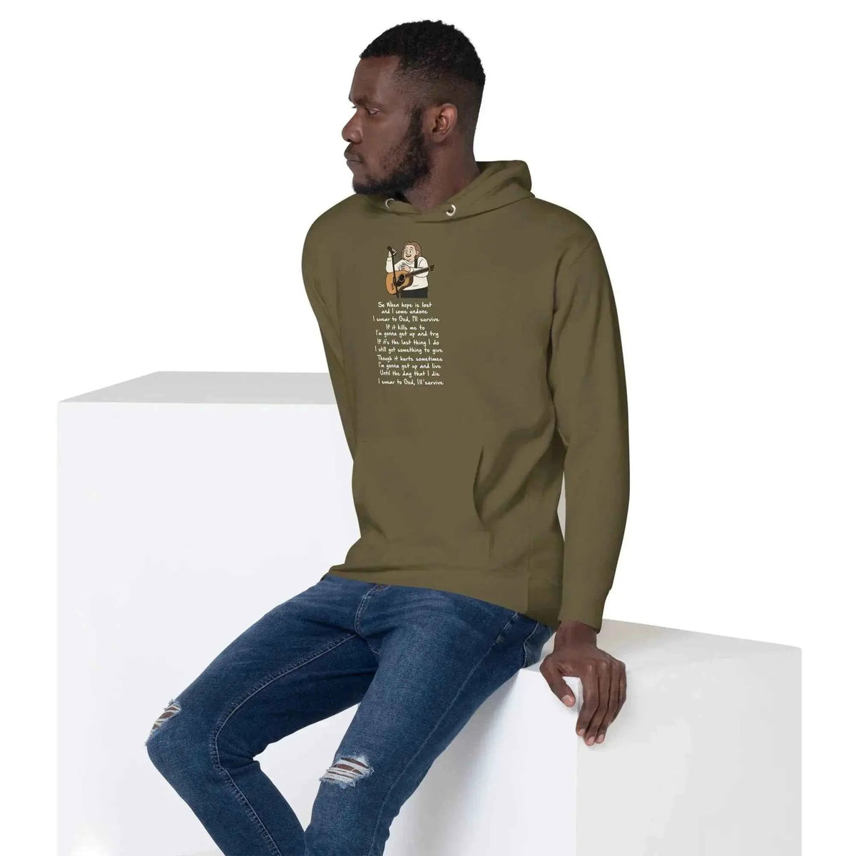 Olive green unisex pullover hoodie, side view showing front graphic print and hood.