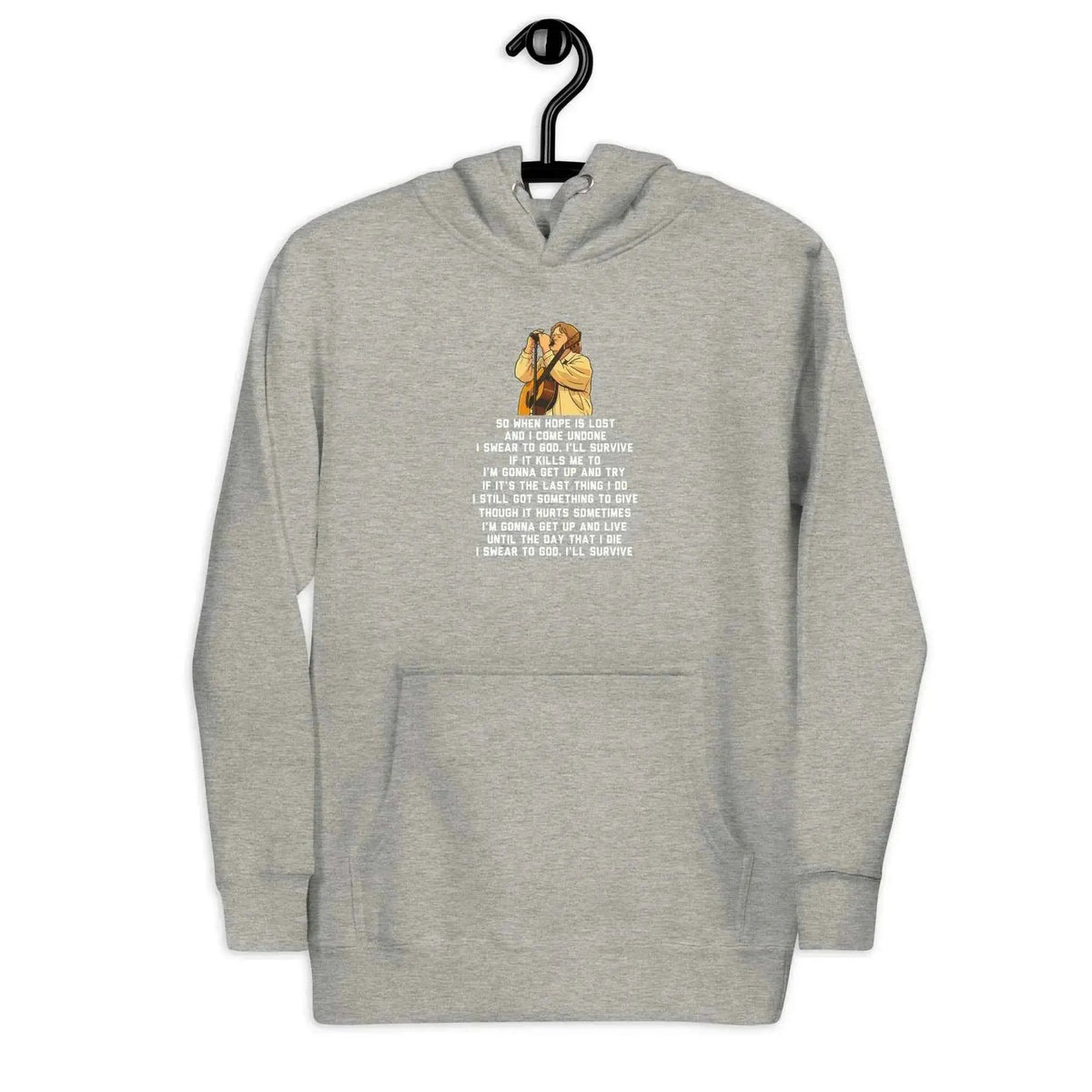Unisex pullover hoodie, light gray with front lyric and illustration graphic.
