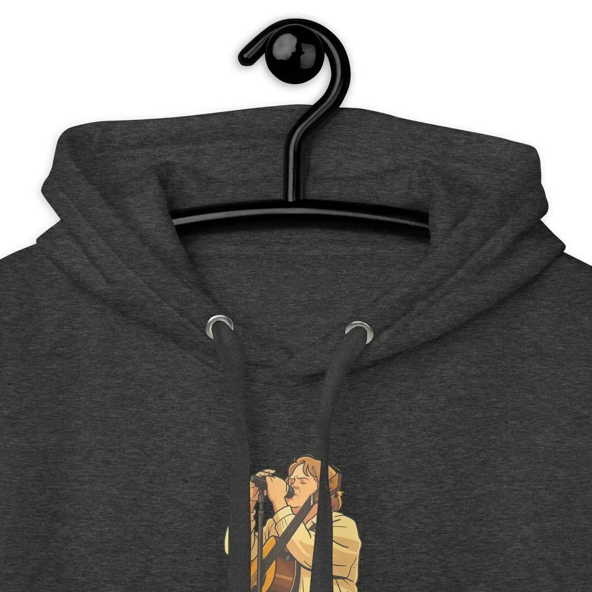 Unisex pullover hoodie, charcoal gray; hood with drawstring and front lyric graphic.