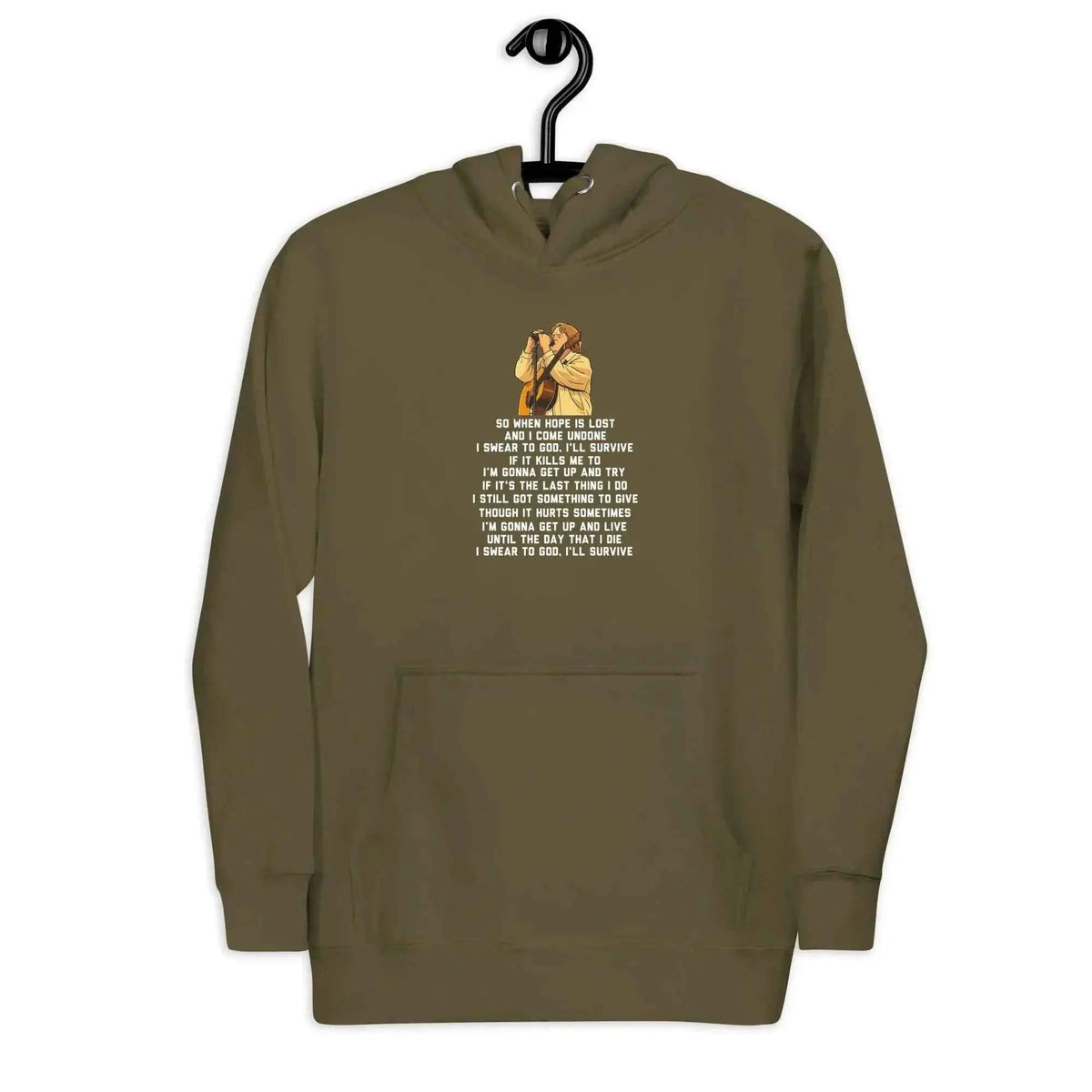 Unisex pullover hoodie, olive green, front graphic print and hood kangaroo pocket