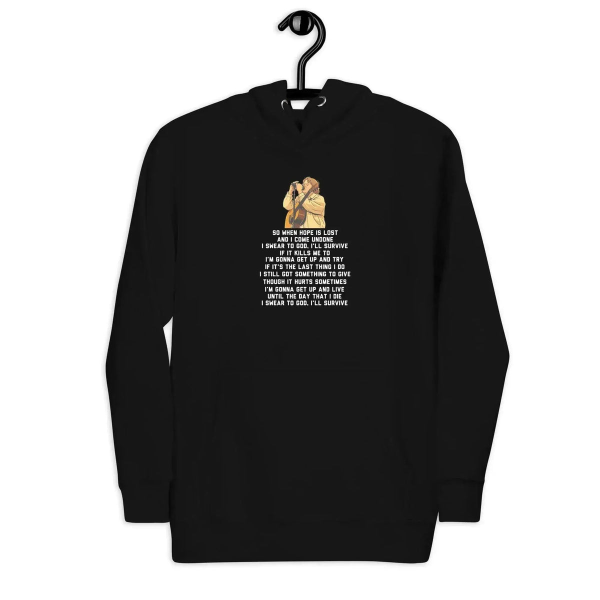 Unisex pullover hoodie, black color with front lyric and illustration graphic.