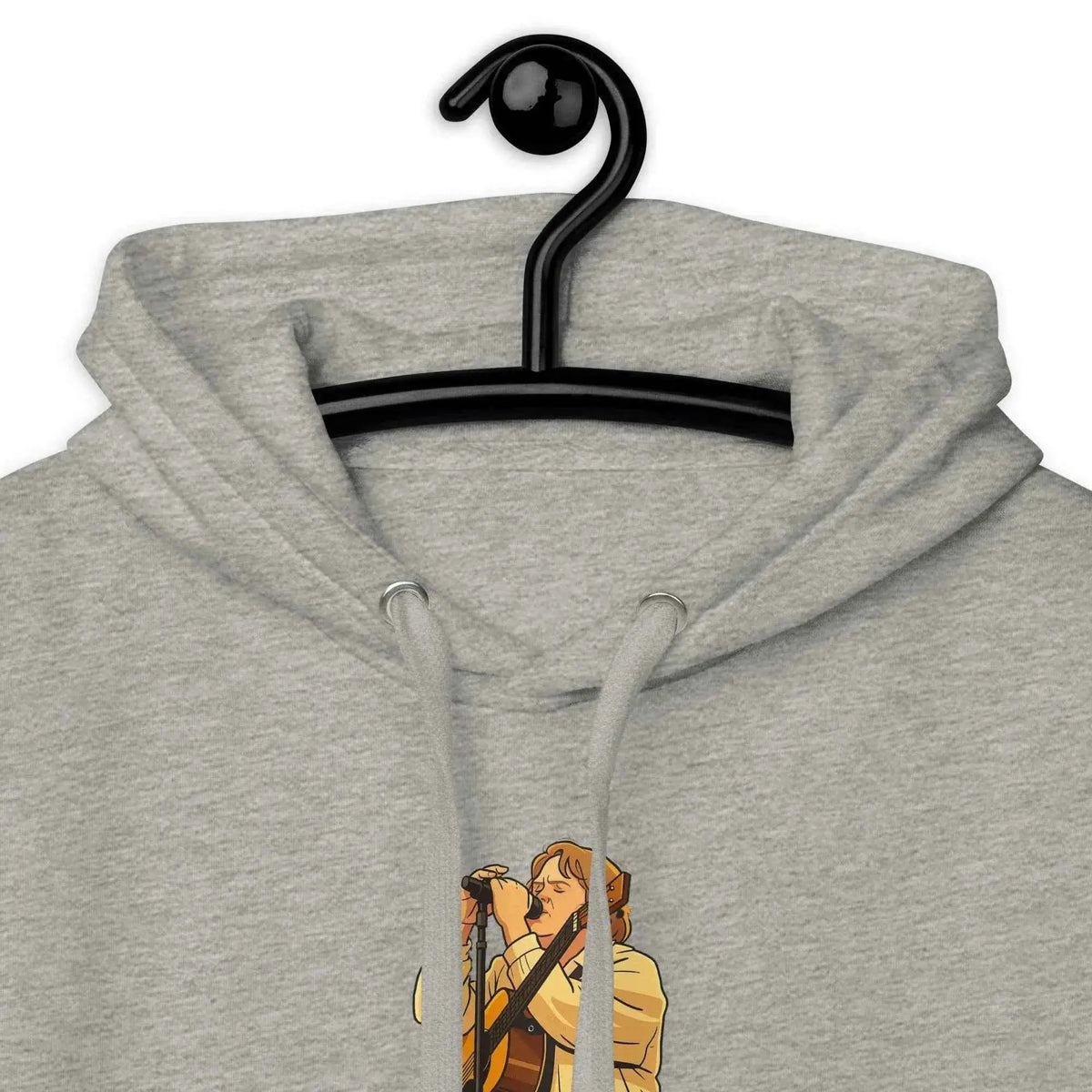 Unisex pullover hoodie, light gray; hood with drawstring and front lyric graphic.