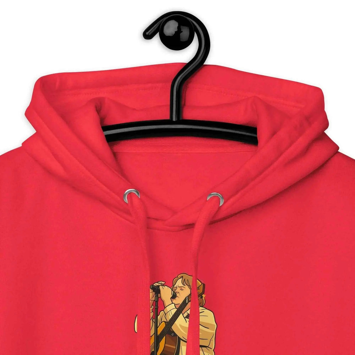 Red hoodie close-up of hood drawstrings and front character lyric graphic