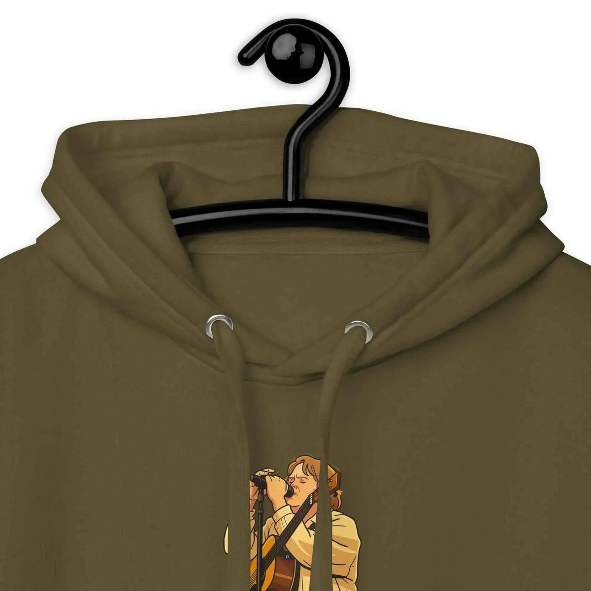 Unisex pullover hoodie, olive green, hood with drawstrings and front graphic print