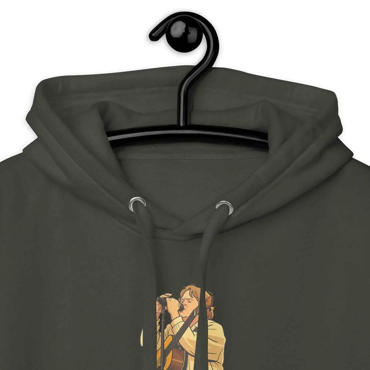 Charcoal gray hoodie close-up of hood drawstrings and front character lyric graphic