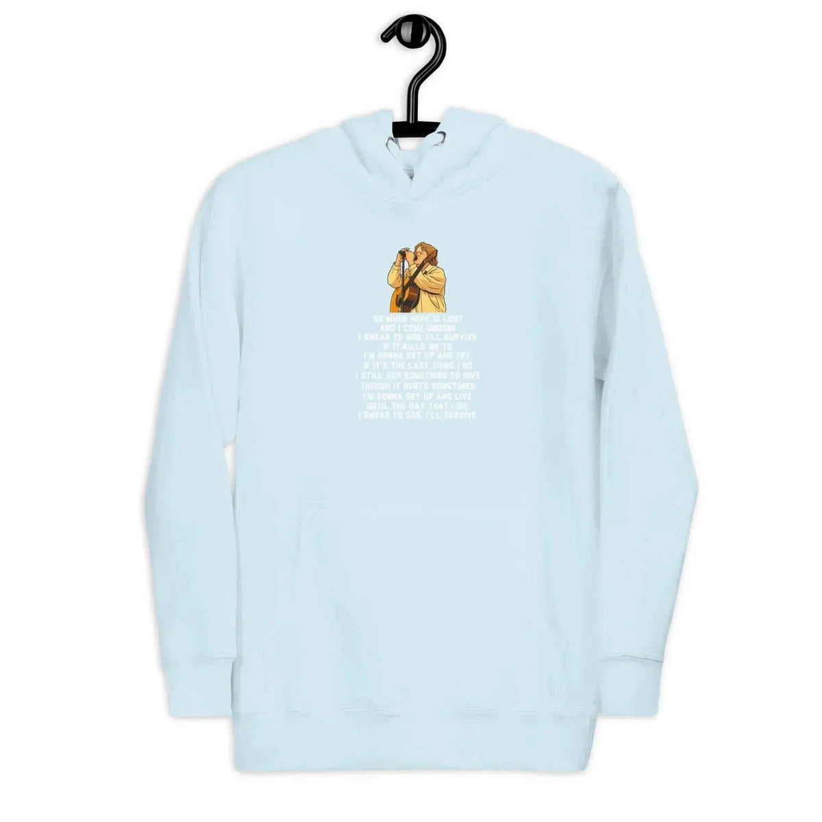 Unisex pullover hoodie, light blue, front graphic print and hood kangaroo pocket