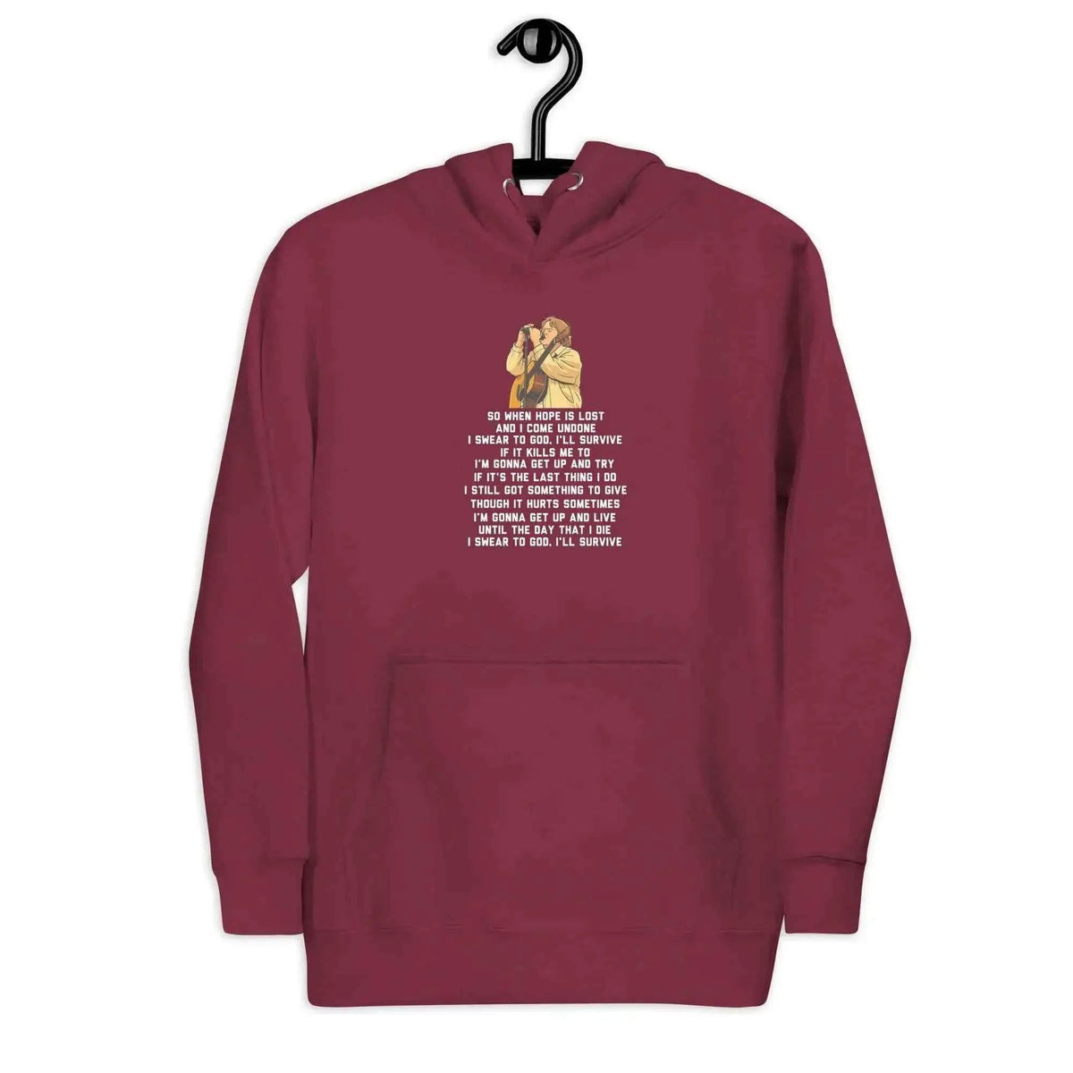 Unisex pullover hoodie, maroon with front lyric and illustration graphic.