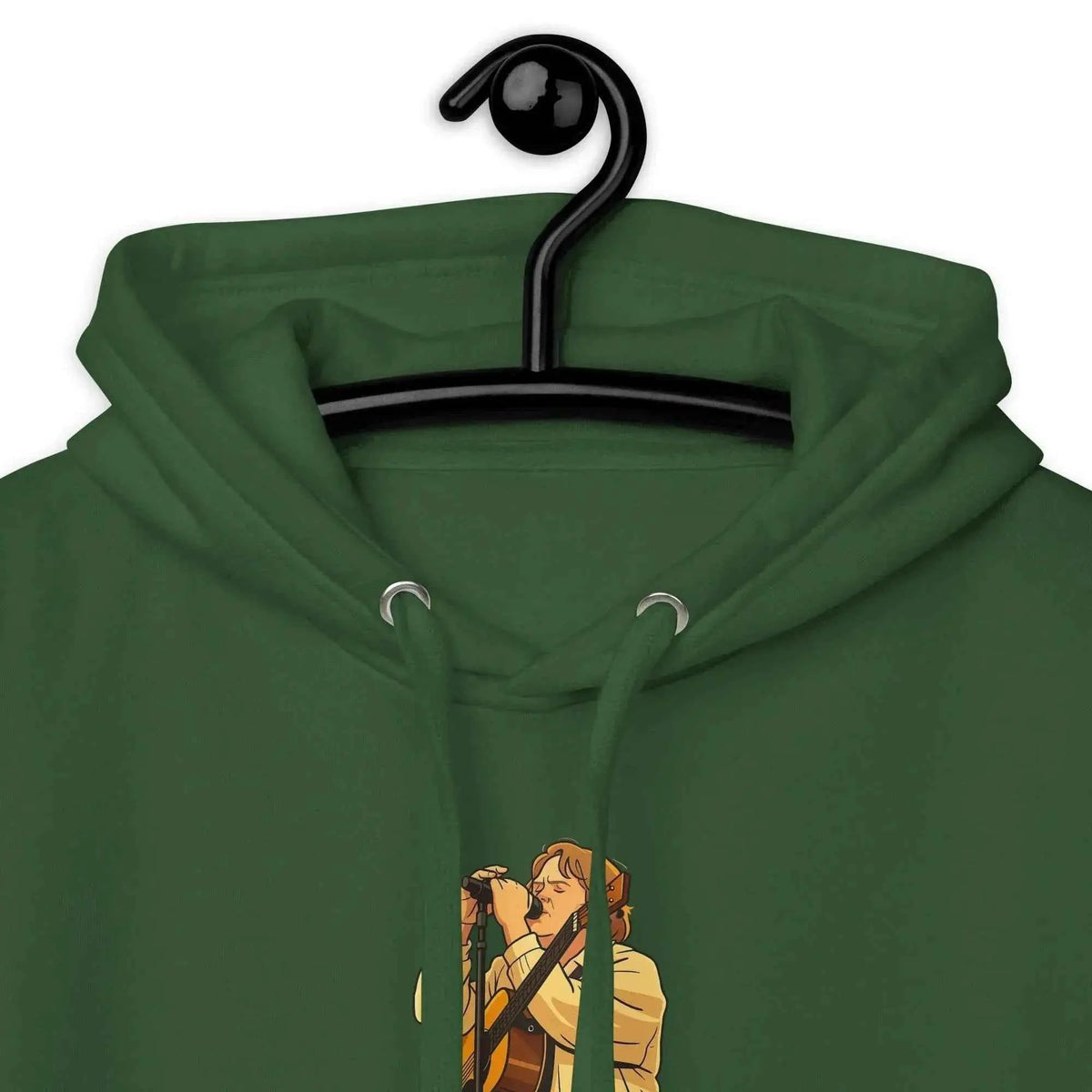 Dark green hoodie close-up of hood with drawstrings and front character graphic