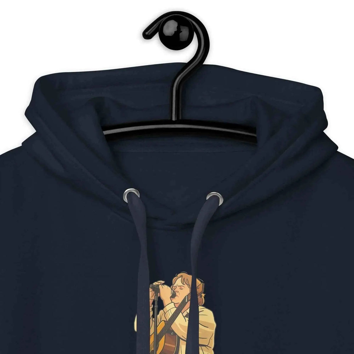 Unisex pullover hoodie, navy; hood with drawstring and front lyric graphic close-up.