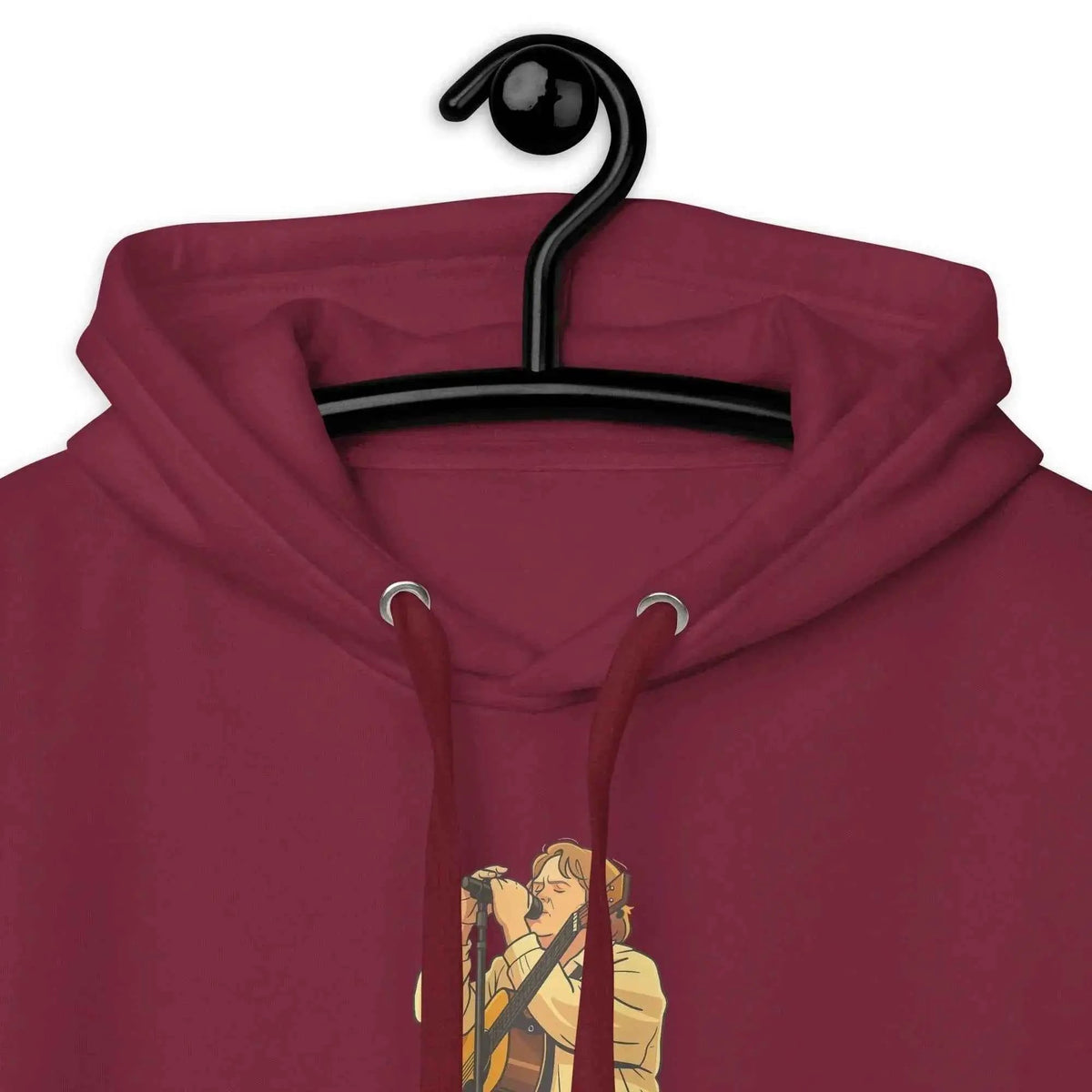 Unisex pullover hoodie, maroon; hood with drawstring and front lyric graphic close-up.